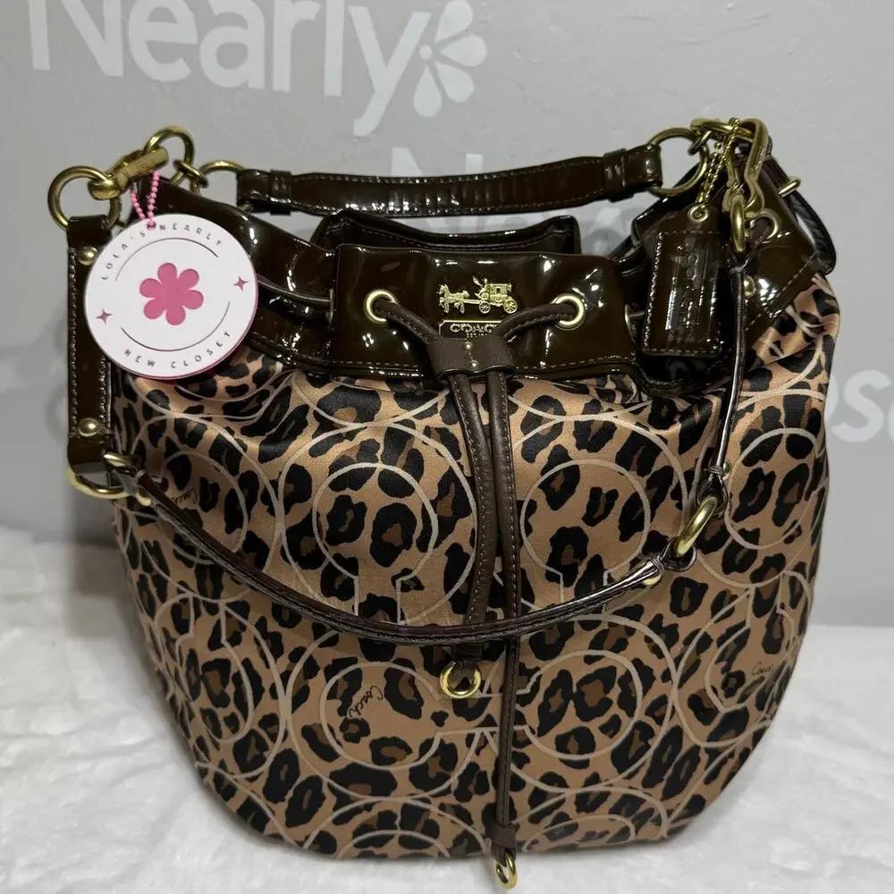 Coach Madison Ocelot OP Art Marielle Patent Leather Trim Bucket Drawstring Bag